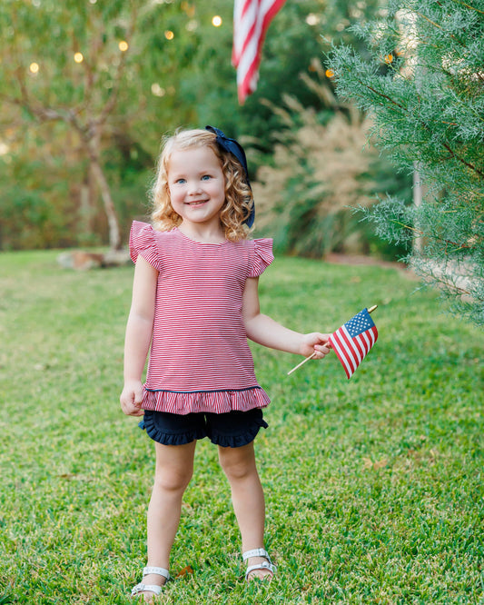 PRE ORDER: Gracie Ruffle Short Set (Red Stripe & Navy)