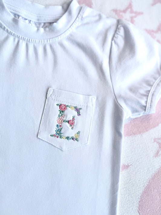 Girls Pocket Tee with Floral Initial